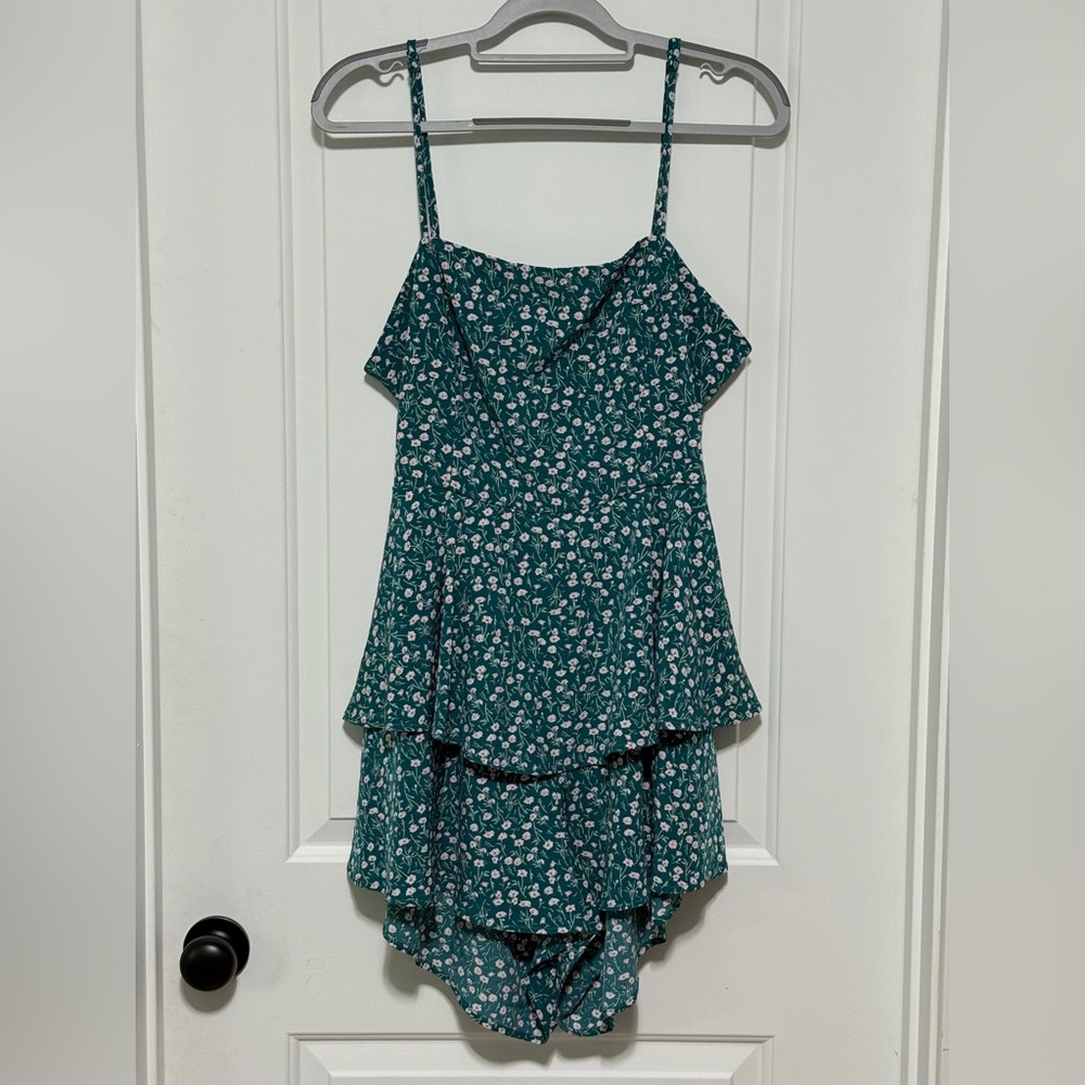 SHEIN Teal Floral Romper with Tie Back